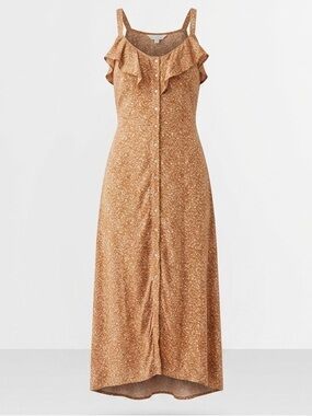 Boho Floral Ruffle Maxi Dress - Mustard/Orange Button Front - XL 100% Rayon